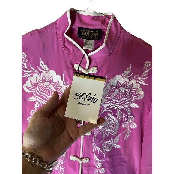 Bob Mackie 90s Asian Floral Embroidered Pink Blouse 100% Silk Plus Size 1X NEW - Picture 3 of 8